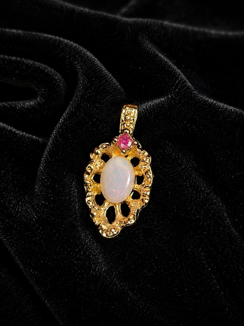 Van Doren Vintage Gold Tone Opal & Ruby Pendant Charm | Delicate Filigree Design